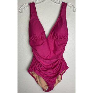 NEW J. Crew Ruched Slimming V-Neck Wireless One Piece Swimsuit Sz 24 Pink 1435